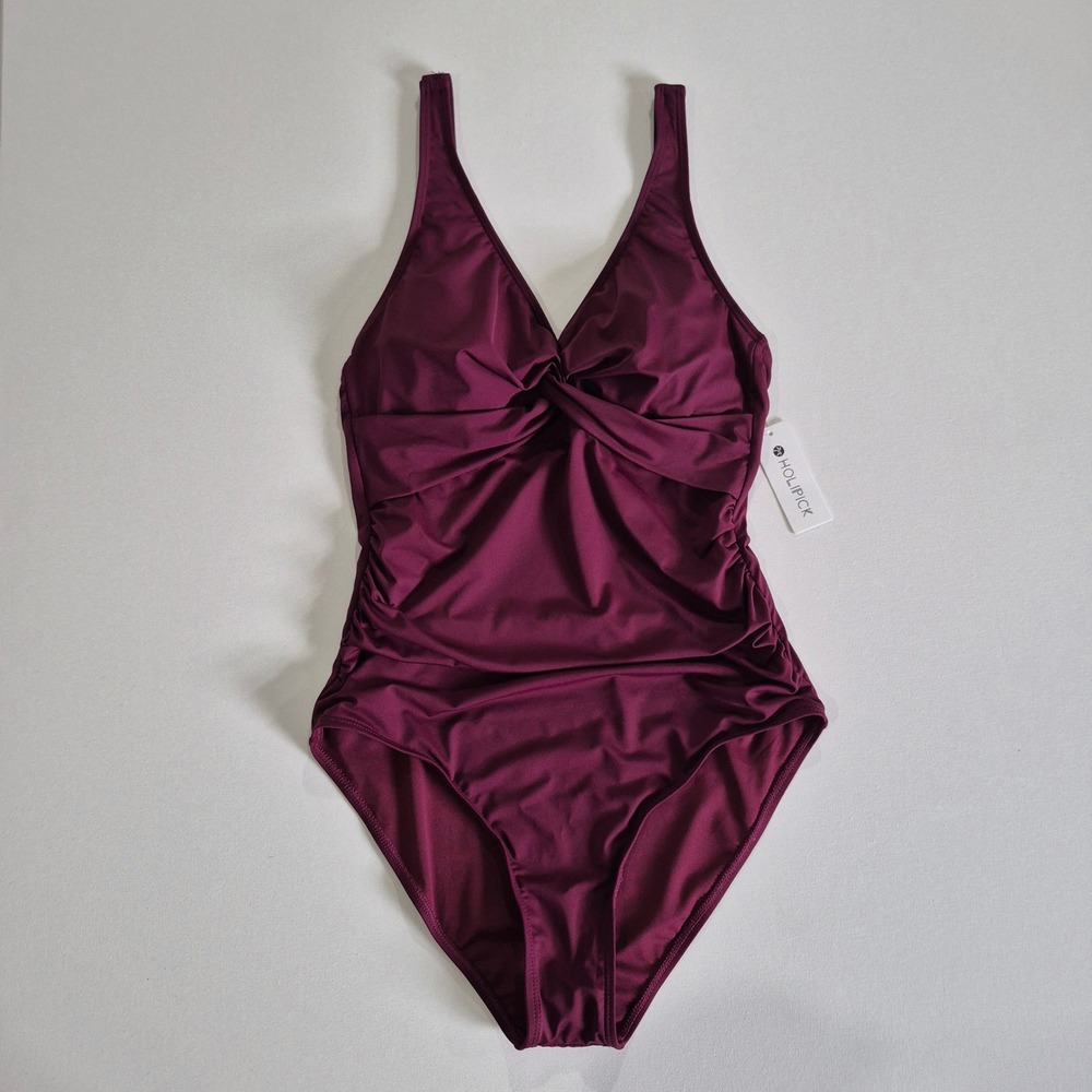 Holipick Womens One Piece Swimsuit Burgundy Ruched Twist Front V-Neck Size M NEW